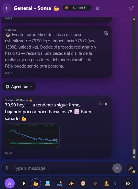 Aura chat on a phone: an automatic scale event for 79.90 kg, and the assistant's reply noting the trend with a small chart