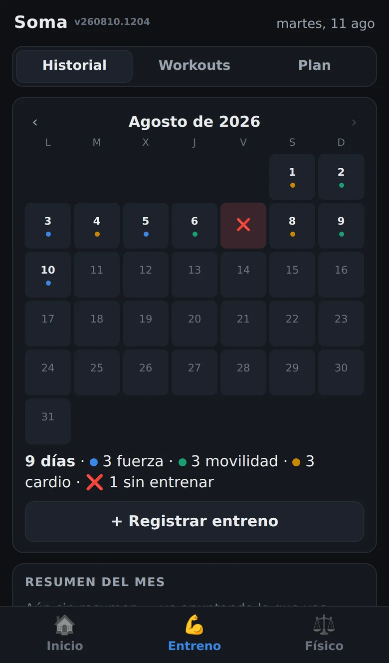 Soma Tracker — monthly training calendar, each day colored by session type