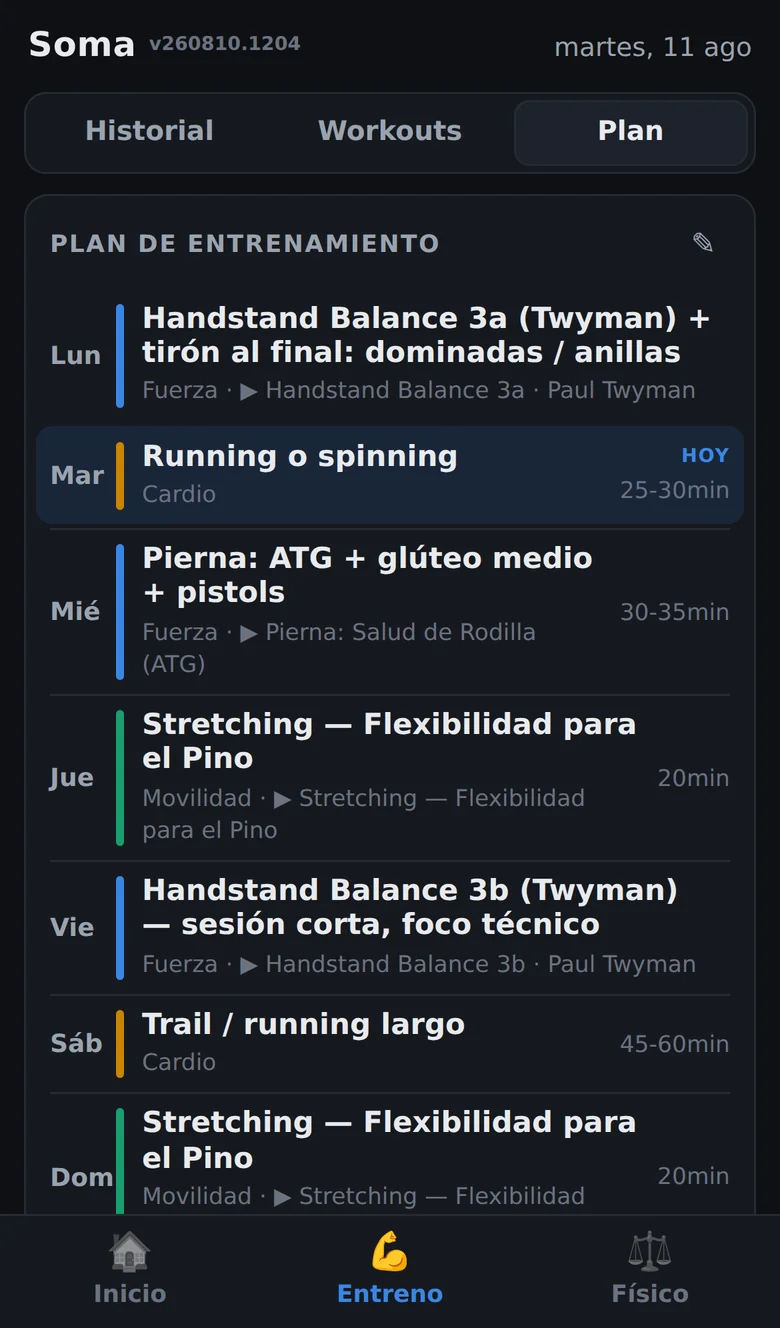 Soma Tracker — the weekly training plan