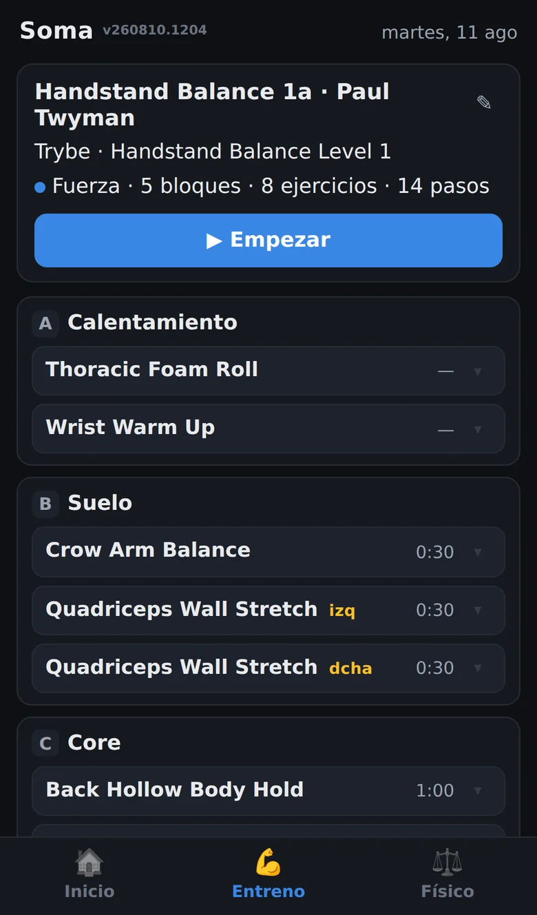 Soma Tracker — a workout template with blocks, exercises and timed holds